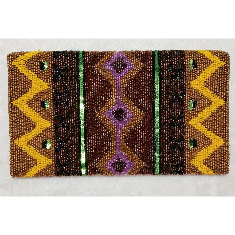 Boho-Chic Geometric Tribal‎ Hand-Beaded Clutch Purse Earthy Tones & Gold Accents